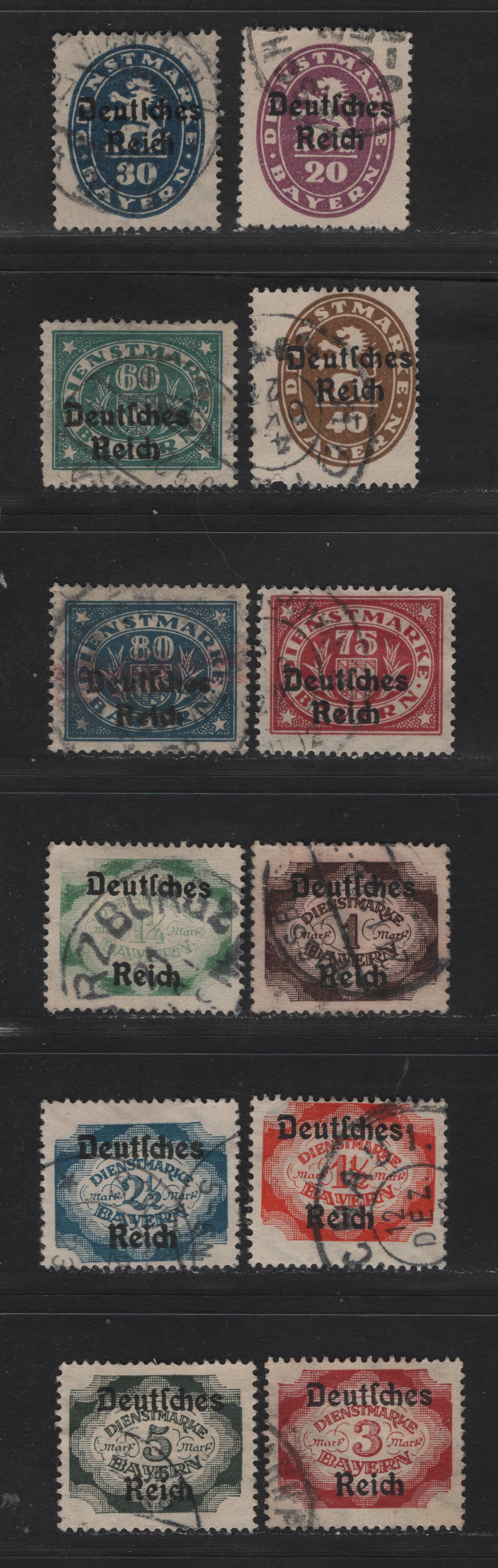 Lot 247 Bavaria SC#O55-O57, O59, O61-O62, O64-O69 20pf - 5m Violet - Black Arms & Numerals, 1920 Deutches Reich Overprinted Issue, 12 Fine/Very Fine Used Singles, 5m Is Definitely A CTO, But The Others Look Ok
