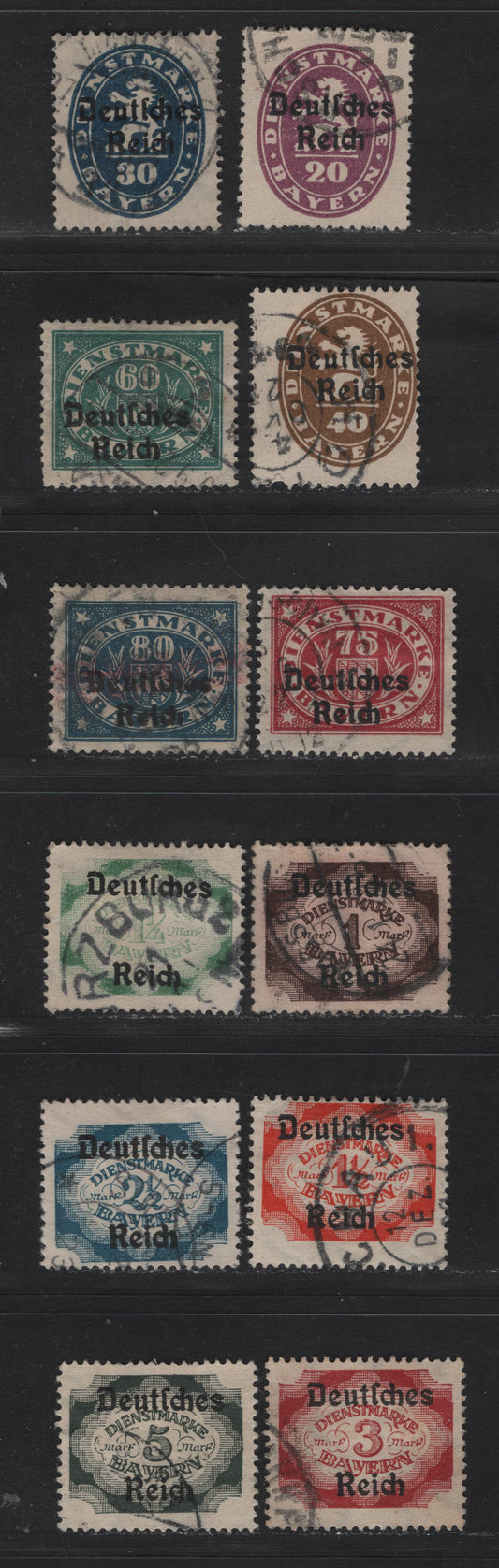 Lot 247 Bavaria SC#O55-O57, O59, O61-O62, O64-O69 20pf - 5m Violet - Black Arms & Numerals, 1920 Deutches Reich Overprinted Issue, 12 Fine/Very Fine Used Singles, 5m Is Definitely A CTO, But The Others Look Ok