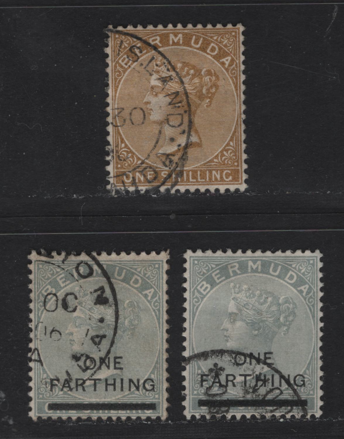 Lot 25 Bermuda SG#29,30 1/- Yellow Brown, 1/4d On 1/- Dull Grey, 1883-1904 Queen Victoria Keyplates Issue, Wmk Crown CA, 3 F&VF Used Singles 1/- With An Ireland Island Cancel