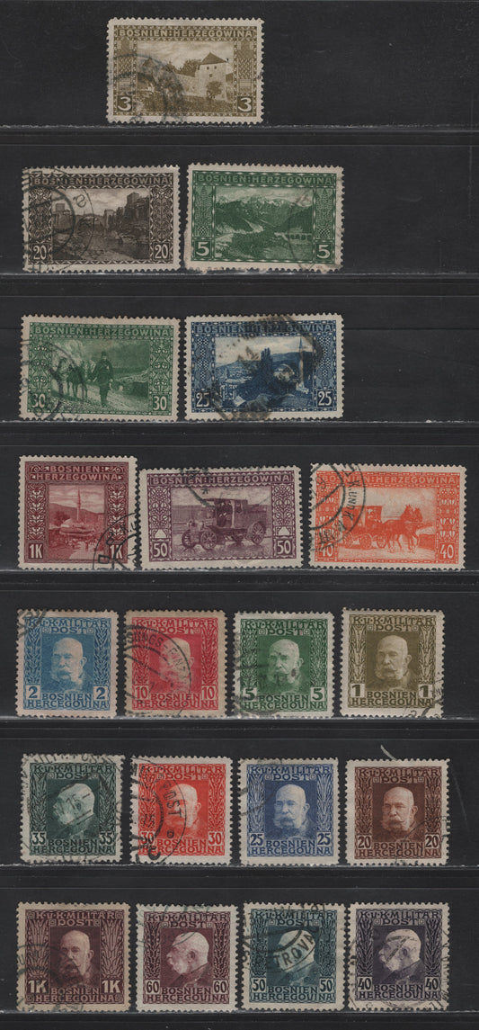 Lot 259 Bosnia & Herzegovina SC#32-33, 36-38, 40, 42-43, 65-66, 68, 70, 72, 74-76, 78-79, 81 3h - 1k Olive - Brown Violet on Straw Pictorials - Franz Josef, 1906-1914 Pictorials - Franz Josef Issues, 20 Fine/Very Fine Used Singles