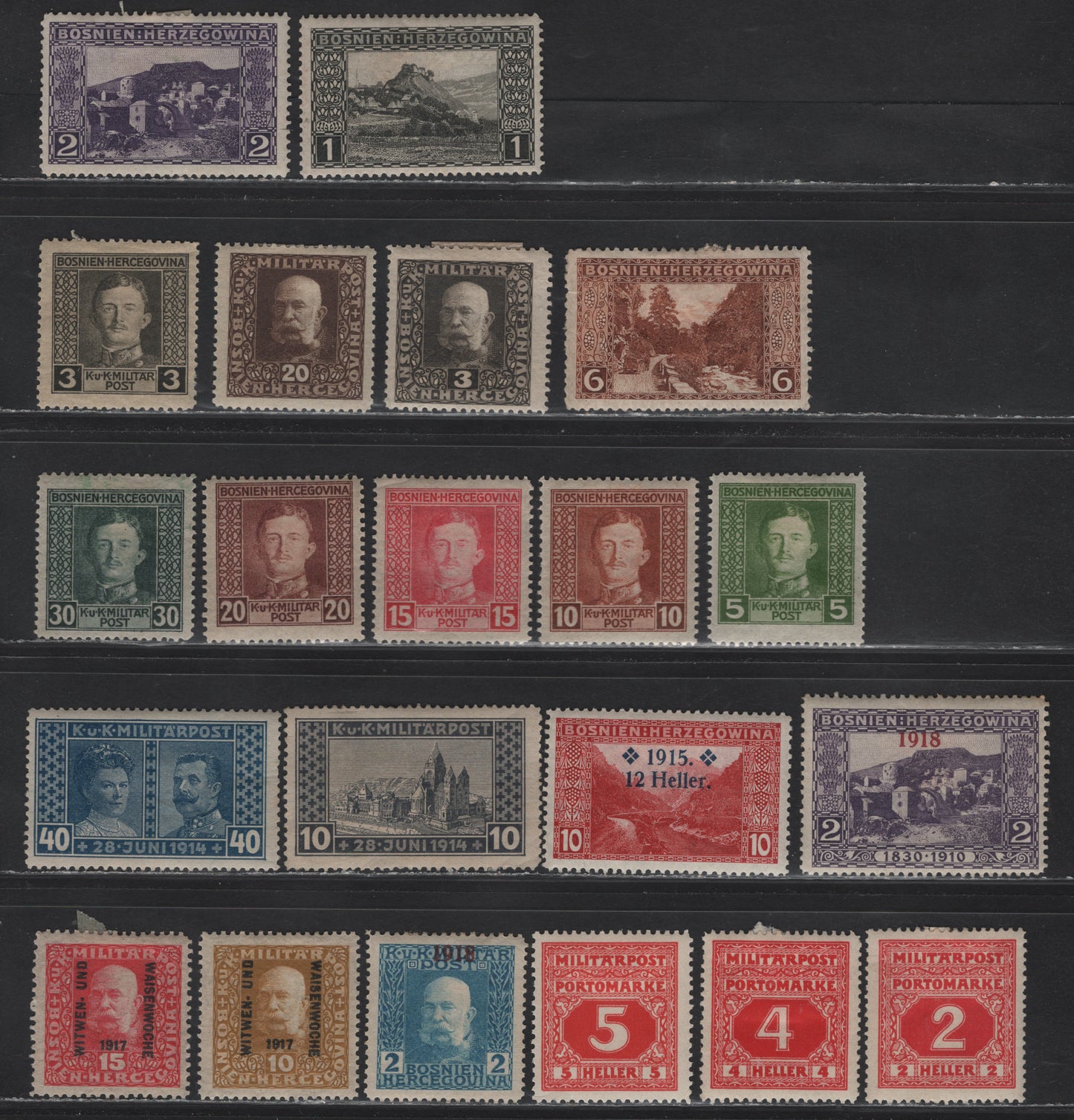Lot 260 Bosnia & Herzegovina SC#30-31, 34, 86, 92, 105-106, 108, 110-111, 113, 128, B4, B13, B15, J14-J16, 126-127, B11-B12 1h - 5h Black - Red Pictorials - Postage Dues, 1906-1918 Pictorials - Postage Due issues, 21 F/VFOG Singles