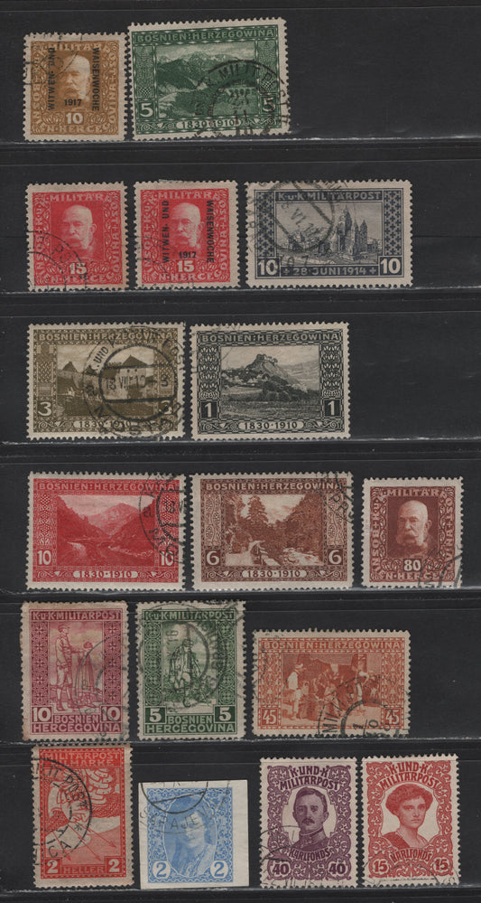 Lot 261 Bosnia & Herzegovina SC#91, 98, 46, 48-51, 41, B9-B13, B19-B20, P1, QE1 45h - 2h Brown Red - Vermillion Pictorials - Special Delivery, 1906-1916 Pictorials - Special Delivery Issues, 17 Fine/Very Fine Used Singles