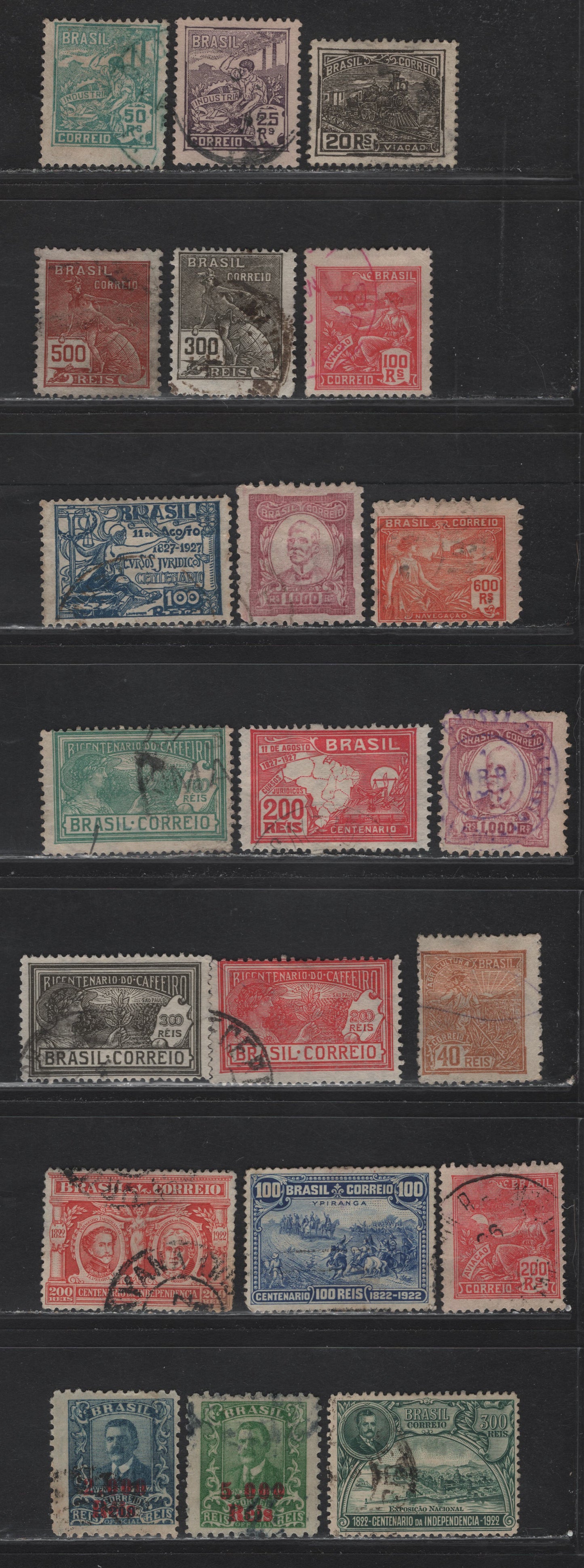 Lot 264 Brazil SC#219-221, 223, 225, 230-231, 260-262, 287, 247, 258, 288-292, 295-296 20r - 5000r on 50r Olive Green - Green , 1920-1928 Allegorical Definitives - Surcharges, 21 Fine/Very Fine Used Singles