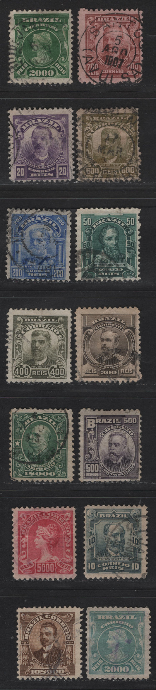 Lot 265 Brazil SC#174/188, 192-193 10r - 1000r Bluish Green - Deep Green , 1906-1916 Portraits Issue, 14 Very Good/Fine Used Singles, 5000r Has A Crease