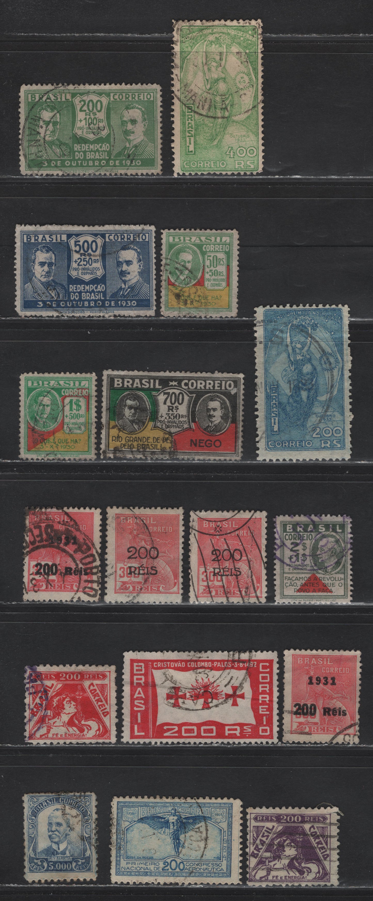 Lot 267 Brazil SC#300, 344, 346, 349, 351-353, 356-357, 376-377, 379-381, 384-386 5000r - 200r Blue Violet - Blue , 1929-1934 Barbosa - 1st National Aviation Congress, 17 Fine/Very Fine Used Singles
