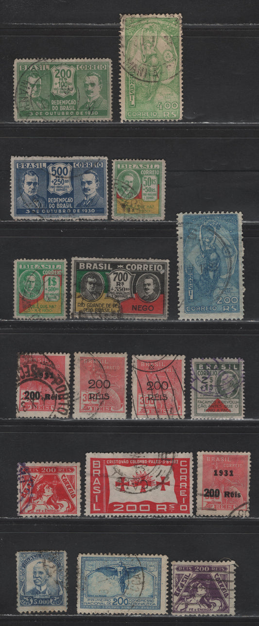 Lot 267 Brazil SC#300, 344, 346, 349, 351-353, 356-357, 376-377, 379-381, 384-386 5000r - 200r Blue Violet - Blue , 1929-1934 Barbosa - 1st National Aviation Congress, 17 Fine/Very Fine Used Singles