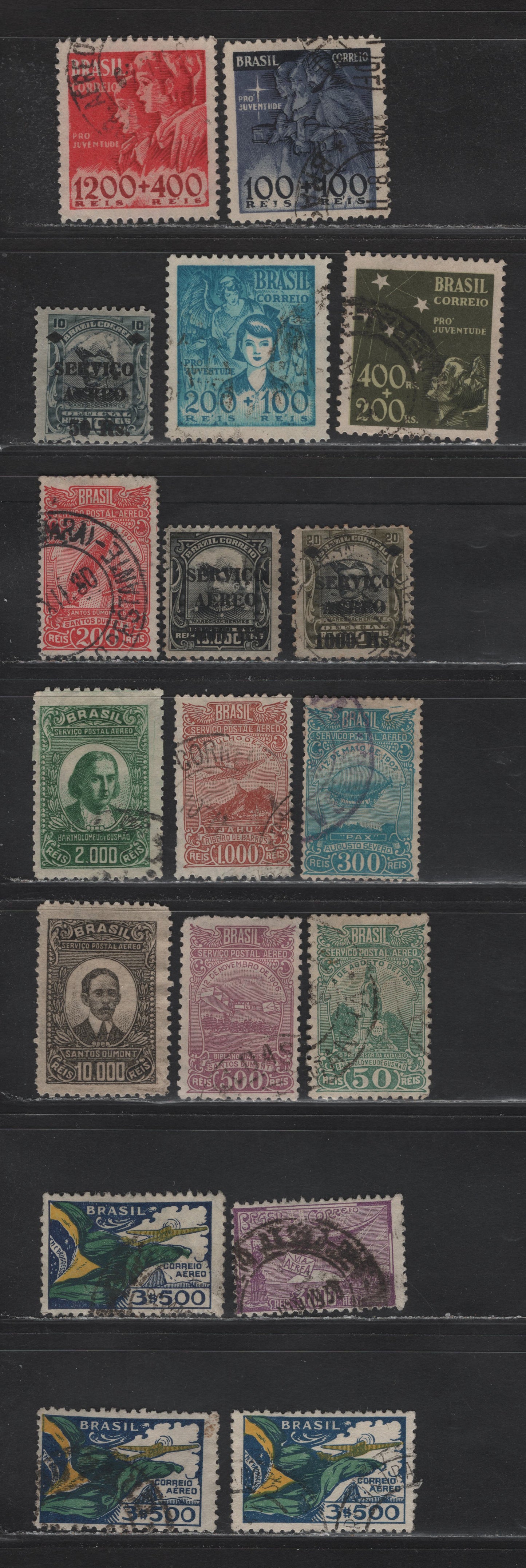 Lot 270 Brazil SC#B8-B11, C1, C8, C11, C17a, C18-C19, C20a, C21-C22, C24-C25, C31, C39, C342 100r+100r - 3500r Black & Chalky Blue - Green, Yellow & Dark Blue , 1939-1940 Charitable Institutions - Airmail Issues, 18 Fine/Very Fine Used Singles