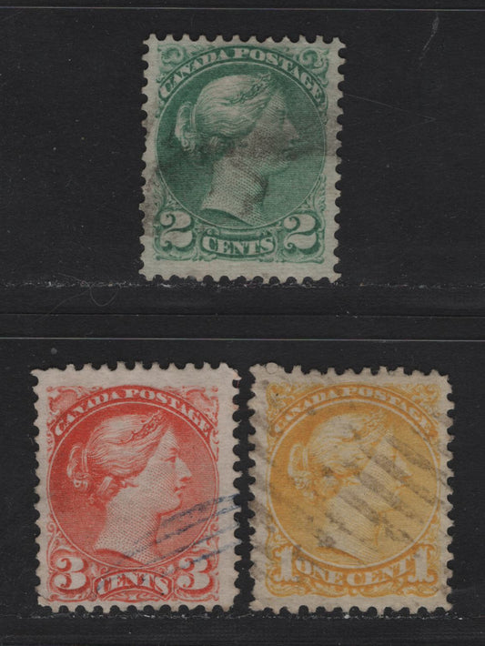 Lot 272 Canada (C) #35iii, 36e, 37iii 1c - 3c Lemon yellow - Orange Red Queen Victoria, 1870-1893 Small Queen Issue, 3 Fine Used Singles, Mid Montreal Printings, Perf 11.7x12, Paper MM-B.