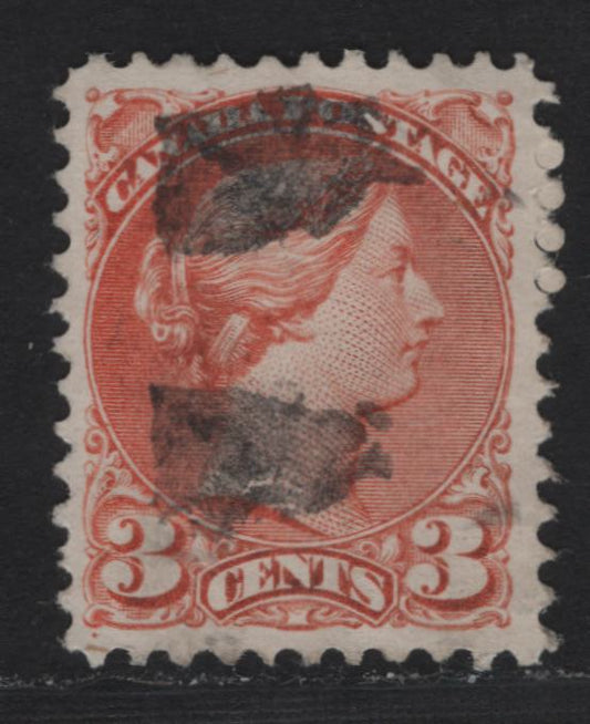 Lot 273 Canada (C) #37iii 3c Red Orange Queen Victoria, 1870-1893 Small Queen Issue, A Very Fine Used Single, Mid Montreal Printings, Plate Dot At LL, Perf 11.7x12, Paper MM-Q.