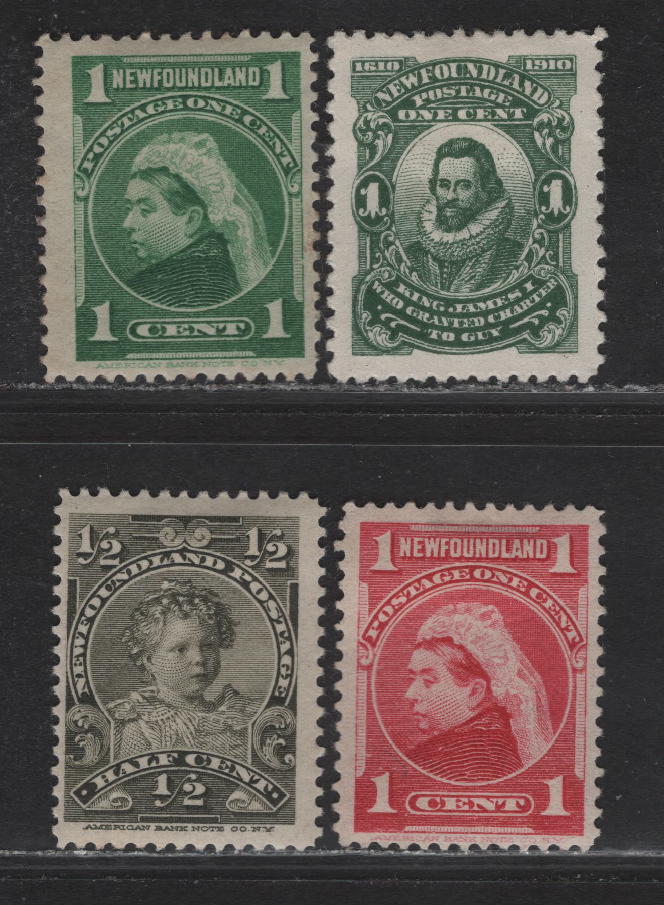 Lot 278 Newfoundland (C) #78-80, 87 1/2c - 1c Olive Green - Green King Edward VII As A Child - King James 1, 1897-1910 Royal Family - John Guy Issues, 4 F/VFOG Singles, ABNN-J, ABNN-A, ABNN-Q & WM-A Papers