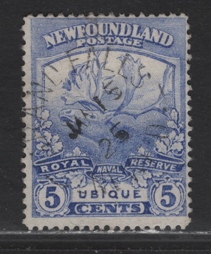 Lot 279 Newfoundland (C) #119 5c Ultramarine Ubique, 1919 Trail of the Caribou Issue, A Fine Used Single, Line Perf 14.1, January 25 1925 Grand Falls Split Ring Cancel