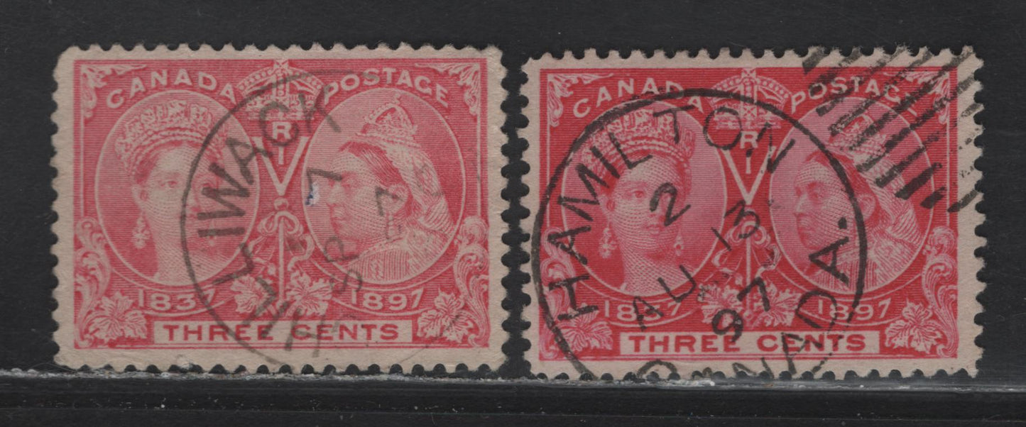 Lot 280 Canada (C) #53, 53i 3c Bright Rose - Pale Rose Queen Victoria, 1897 Diamond Jubilee Issue, 2 Very Fine Used Singles, SON Cancelled Examples With Sept 7 1897 & August 13 1897 Hamilton Cancels, Unchecked As to Paper Type