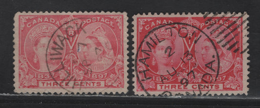 Lot 280 Canada (C) #53, 53i 3c Bright Rose - Pale Rose Queen Victoria, 1897 Diamond Jubilee Issue, 2 Very Fine Used Singles, SON Cancelled Examples With Sept 7 1897 & August 13 1897 Hamilton Cancels, Unchecked As to Paper Type