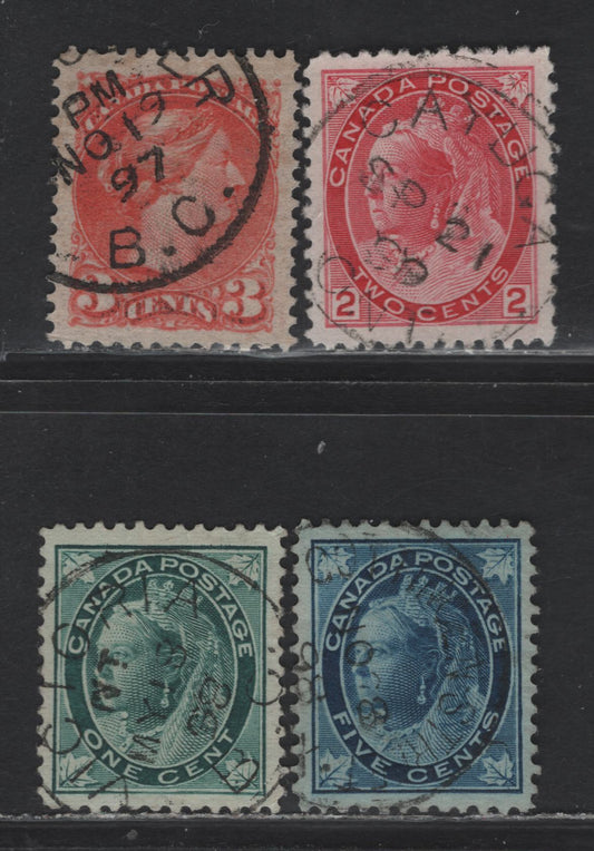 Lot 282 Canada (C) #41, 67, 70, 77 3c - 5c Vermillion - Blue on Bluish Paper Queen Victoria, 1870-1902 Small Queen, Maple Leaf & Numeral Issues, 4 Very Fine Used Singles, VF Examples With SON Cancels & Unchecked As To Paper Types
