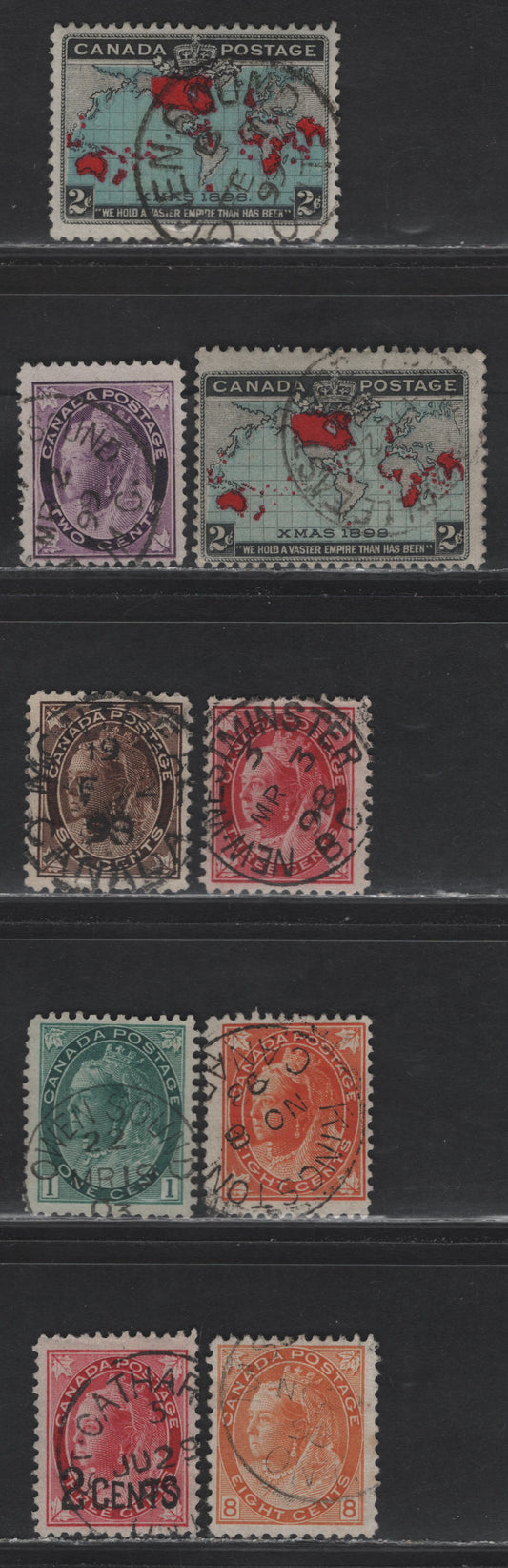 Lot 283 Canada (C) #68-69, 71-72, 75ii, 82, 86,b 2c Purple - Deep Greenish Blue Queen Victoria - Mercator's Projection, 1897-1898 Maple Leaf, Numeral & Imperial Penny Postage Issues, 8 Fine Used Singles, Unchecked Paper Types, All With SON Town Cancels