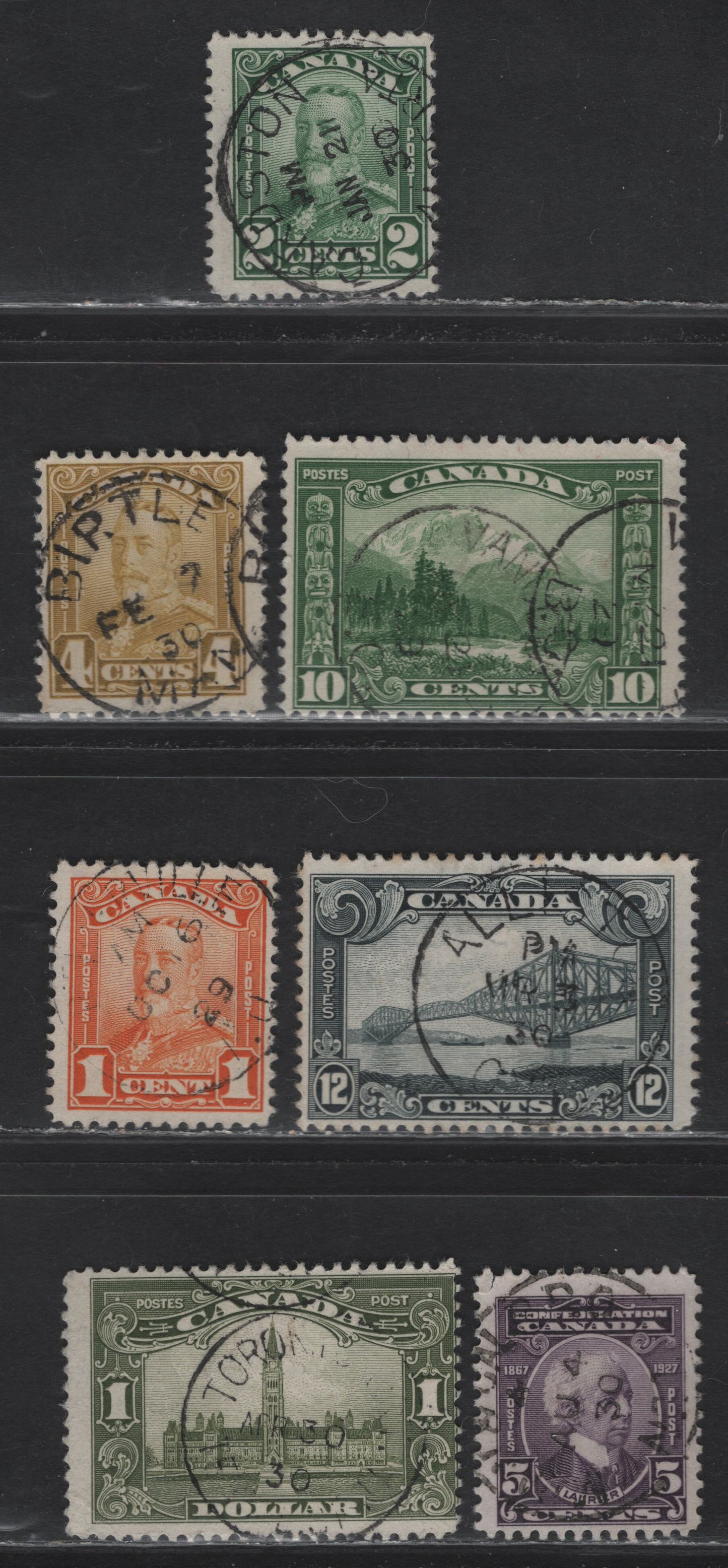 Lot 286 Canada (C) #144, 149-150, 152, 155-156, 159 5c - $1 Violet - Olive Green Sir Wilfrid Laurier - parliament Building, 1927-1929 60th Anniv of Confederation - Scroll Issues, 7 Fine Used Singles, Unchecked As To Paper Types, SON Town Cancels