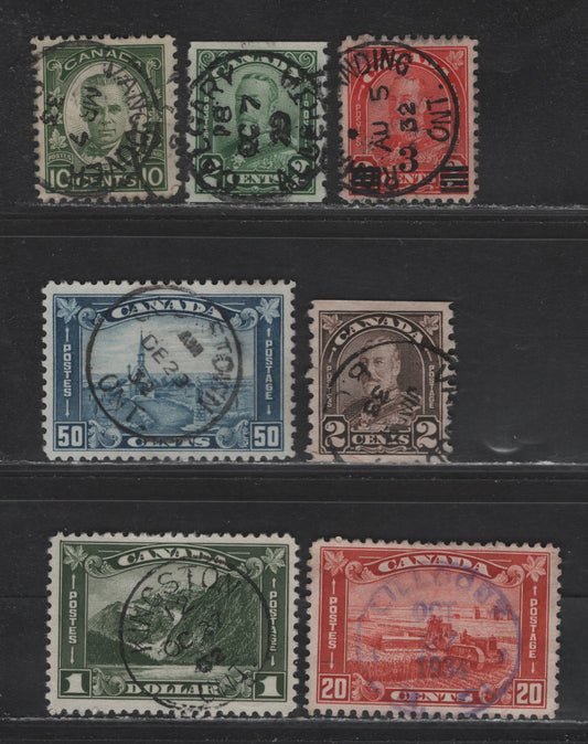 Lot 287 Canada (C) #161, 175-177, 182, 190-191 2c - 3c on 2c Green - Red , 1929-1930 Scroll - Arch/Leaf Provisional Issues, 7 Very Fine Used Singles, SON Cancels Including Oct 27 1932 Kingston, Dec 291932 Cookstown & Oct 27 1934 Lillovet BC
