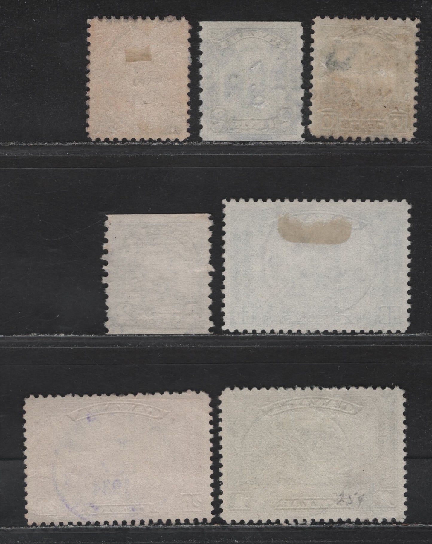 Lot 287 Canada (C) #161, 175-177, 182, 190-191 2c - 3c on 2c Green - Red , 1929-1930 Scroll - Arch/Leaf Provisional Issues, 7 Very Fine Used Singles, SON Cancels Including Oct 27 1932 Kingston, Dec 291932 Cookstown & Oct 27 1934 Lillovet BC