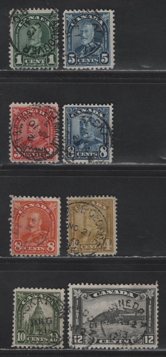 Lot 288 Canada (C) #154, 163b, 167, 170, 152, 172, 173-174 4c - 12c Bistre - Gray Black King George V - Quebec Citadel, 1928-1931 Scroll - Arch/Leaf Issues, 8 Fine Used Singles, SON CDS Town Cancels