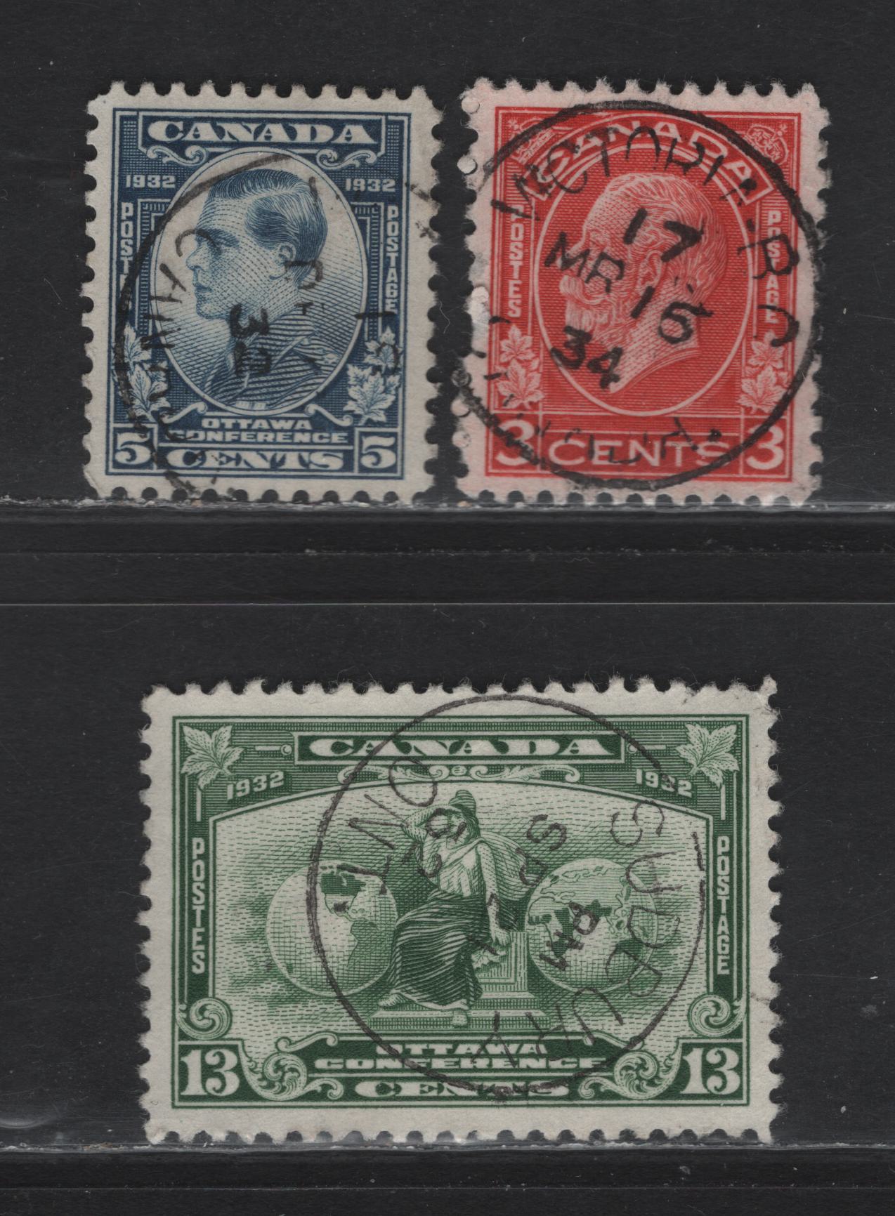 Lot 289 Canada (C) #193-194, 197c 5c - 3c Steel Blue - Scarlet Prince of Wales - King George V, 1932 Imperial Economic Conference - Medallion Issues, 3 Very Fine Used Singles, SON CDS Cancels The 3c & 13c Are 1 in 1,000 Examples .