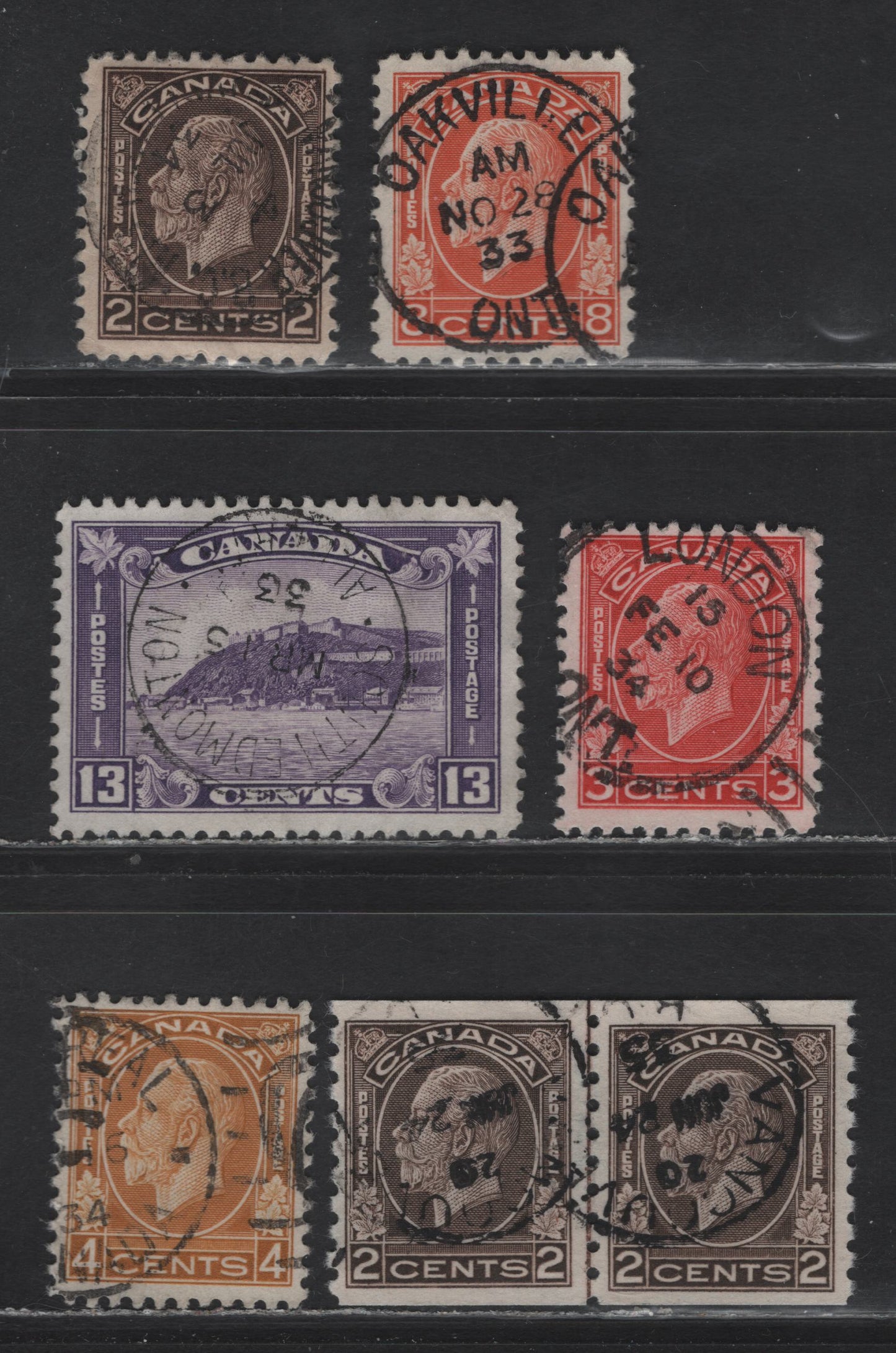 Lot 290 Canada (C) #196, 197c, 198, 200, 201i, 206i 2c - 13c Dark Brown - Rose Violet King Geroge V, 1932-1936 Medallion - Coil Issues, 6 Fine/Very Fine Used Singles & Pair, SON Town Cancels