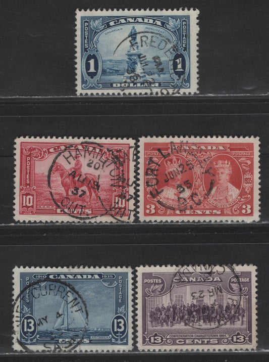 Lot 292 Canada (C) #213, 216, 223-224, 227 3c - $1 Carmine - Blue King George V & Queen Mary - Champlain Statue, 1935 KGV Silver Jubilee - Pictorial Issues, 5 Very Fine Used Singles, SON Town Cancels