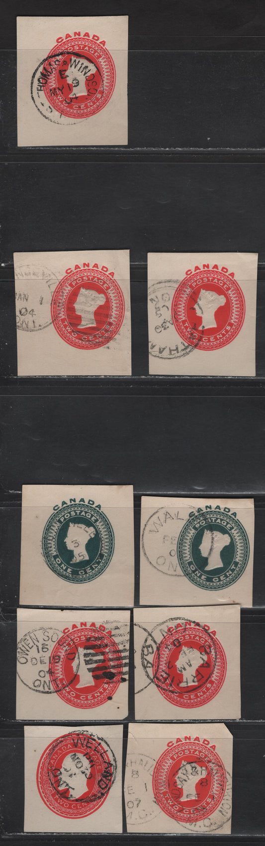 Lot 293 Canada #U9, U11, U16b 1c - 2c Green - Red Queen Victoria - King Edward VII, 1898-1905 Portrait Issues,  Very Fine Used Cut Squares, SON Town Cancels