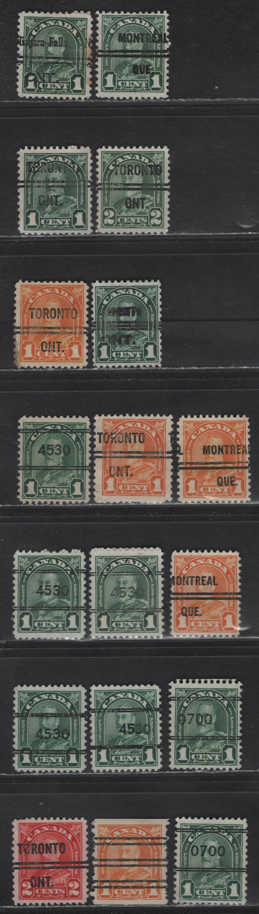 Lot 294 Canada Walburn#7-161, 8-163,b, 3-163b, 7-163b, 11-162, 11-163b, 11-164, 3-163, 13-163b, 13-165, u-179 1c - 2c Orange - Green King George V, 1930-1935 Arch Issue,  Very Fine Used Singles, Generic, Montreal & Toronto Precancels
