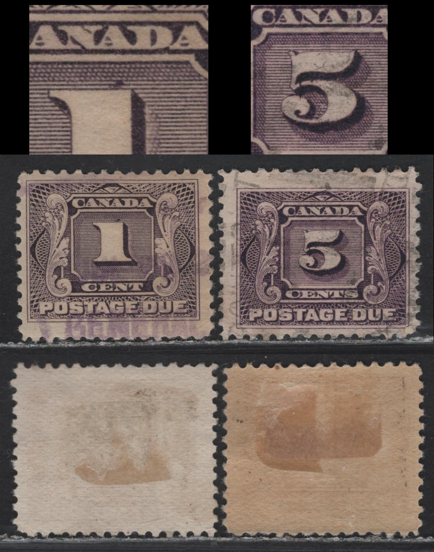 Lot 295 Canada #J1, J4var 1c - 5c Blackish Lilac - Deep Reddish Lilac Numeral, 1906-1928 Postage Dues,  Fine Used Singles, Wet Printings, Each Showing Potentially Constant Plate Varieties, Unchecked As To Paper Types.