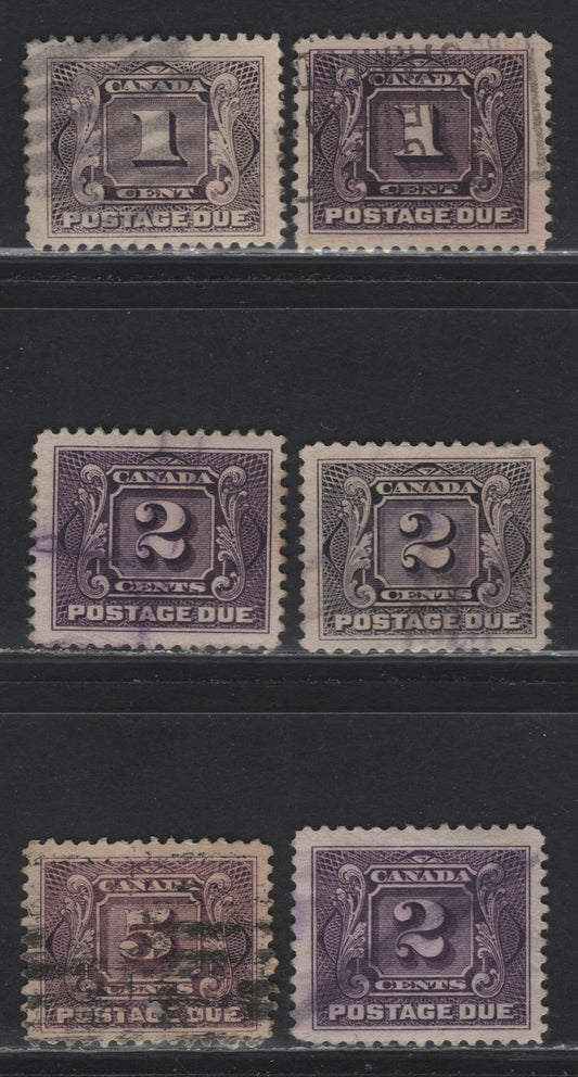 Lot 296 Canada #J1, J1c, J2, J3e, J4 1c - 5c Blackish Lilac - Pale Reddish Lilac Numeral, 1906-1928 Postage Dues,  Very Fine Used Singles, Wet & Dry Printings, Different Shades From Lot 297