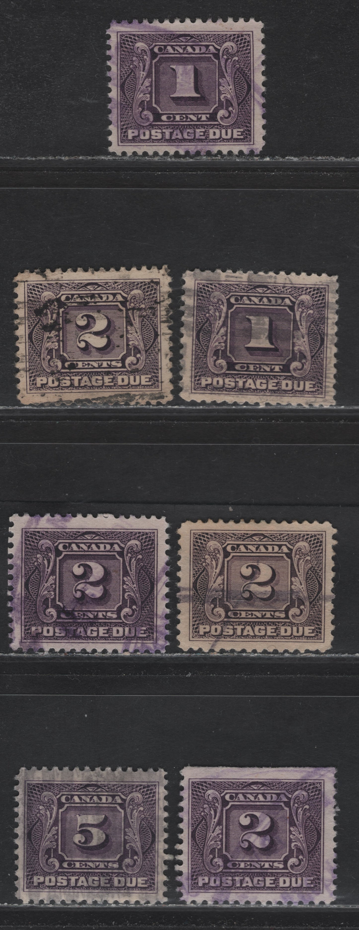 Lot 297 Canada #J1, J1c, J2, J3e, J4 1c - 5c Deep Rose Lilac Numeral, 1906-1928 Postage Dues,  Very Fine Used Singles, Wet & Dry Printings, Different Shades From Lot 296
