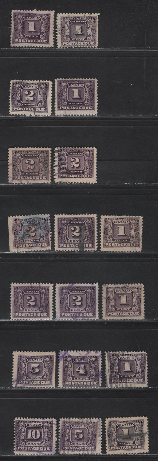 Lot 299 Canada #J1, J2c, J2, J1c, J3-J5 1c - 10c Dark Rose Lilac - Deep Rose Lilac Numeral, 1906-1928 Postage Dues,  Fine Used Singles, Wet & Dry Printings