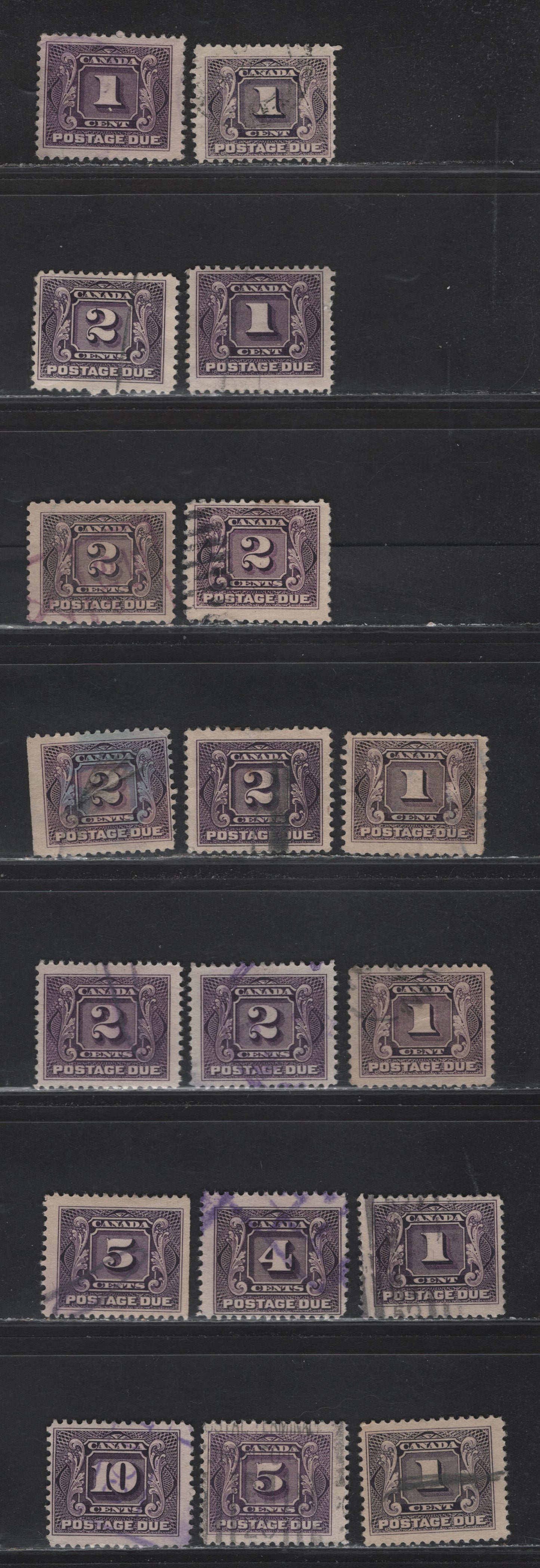 Canada #J1, J2c, J2, J1c, J3-J5 1c - 10c Dark Rose Lilac - Deep Rose Lilac Numeral, 1906-1928 Postage Dues,  Fine Used Singles, Wet & Dry Printings