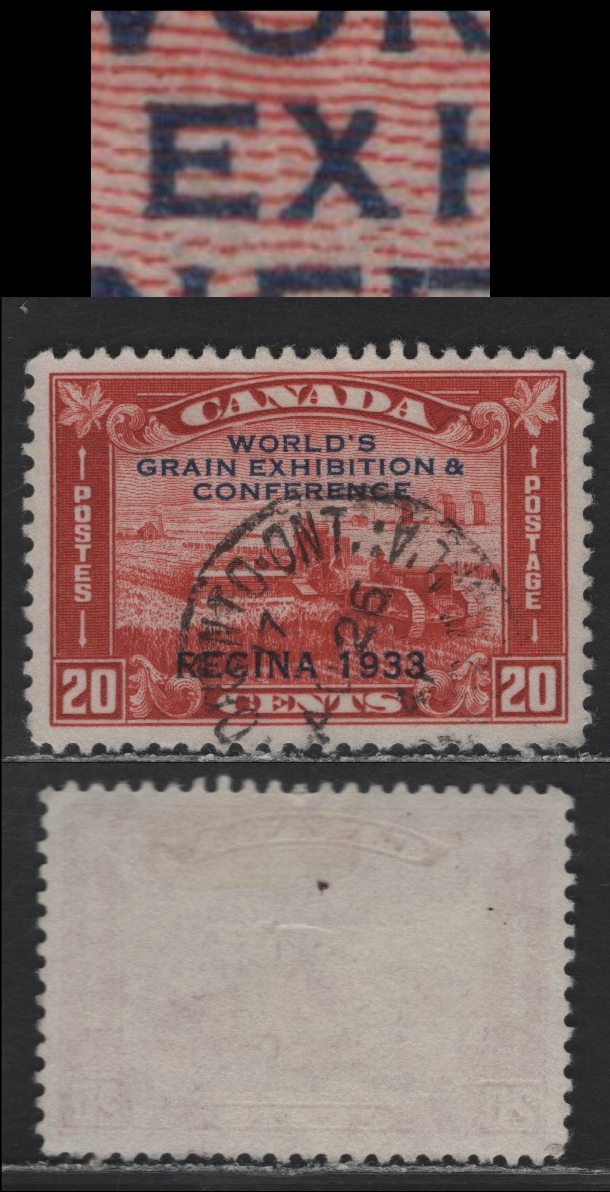 Lot 305 Canada (C) #203i 20c Brownish Vermillion Harvesting Wheat, 1933 Grain Exhibition Issue, A Very Fine Used Single, Showing Broken X Varitey, Unchecked As To Paper Type Or Exact perf