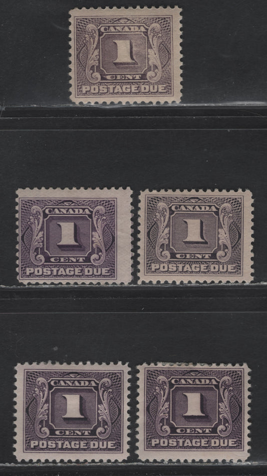 Lot 306 Canada #J1-J1c 1c Pale Dull Lilac - Dark Rose Lilac Numeral, 1906-1928 Postage Dues,  FOG Singles, Wet & Dry Printings, Unchecked As to Paper Types & Perfs
