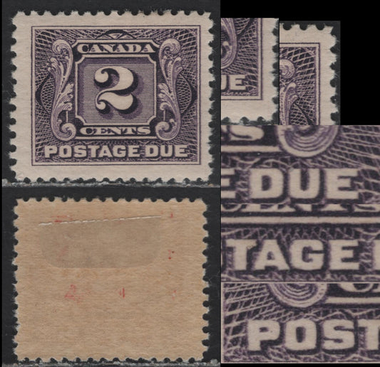 Lot 307 Canada #J2var 2c Dark Lilac Numeral, 1906-1928 Postage Dues, A FOG Single, Wet Printing, Showing Slip Print & Faint Doubling Of Most Letters, Framelines & Details Of The Design, Unchecked As To Specific Paper Type.