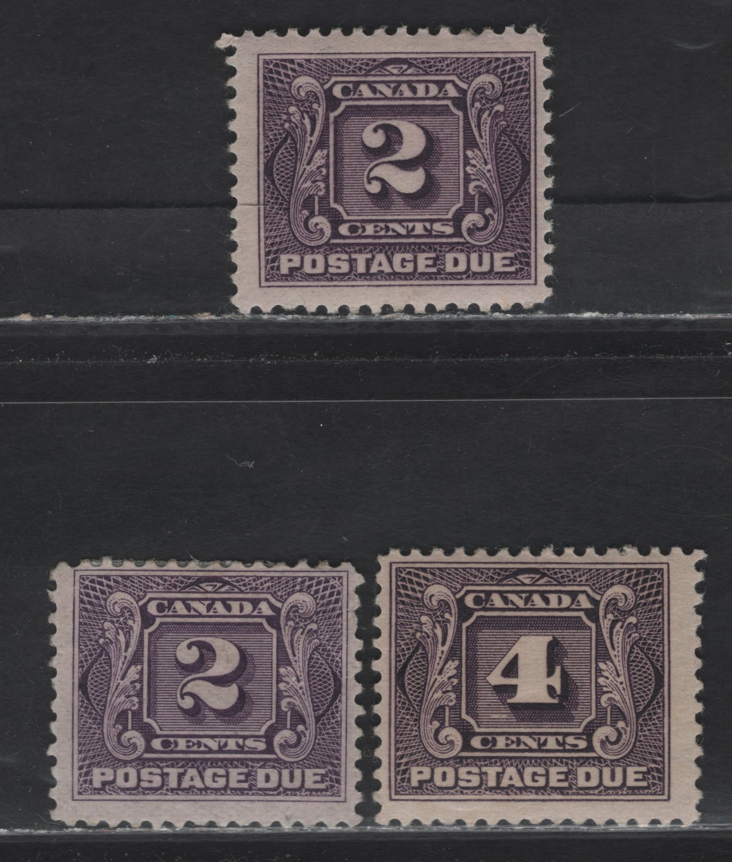 Lot 308 Canada #J2, J2a, J3 2c - 4c Purple - Blackish Lilac Numeral, 1906-1928 Postage Dues, 3 FOG Singles, Wet & Dry Printings, Unchecked As To Specific Types