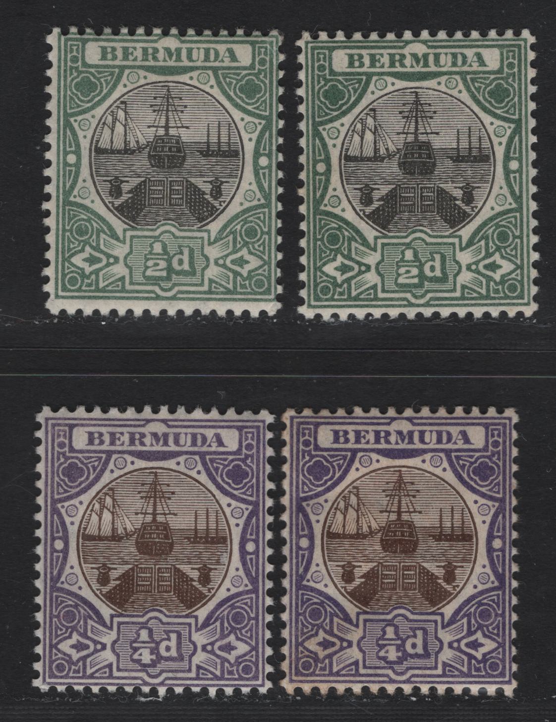 Lot 31 Bermuda SG#34-35 1/4d Brown & Violet,1/2d Black & Green, 1906-1910 Dry Dock Definitives Issue, Wmk Multiple Crown CA, 4 F&VF OG Singles Two Slight Shade Variations Of Each Value