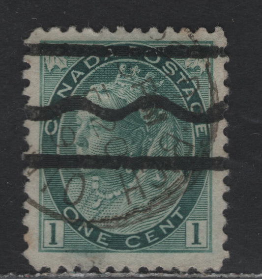 Lot 313 Canada #75iixx 1c Blue Green Queen  Victoria, 1898-1902 Maple Leaf Issue, A Very Fine Used Precancelled Single, Unlisted Style R Precancel, 8.5mm Between Peaks & 12.5mm Between Outside of Bars.