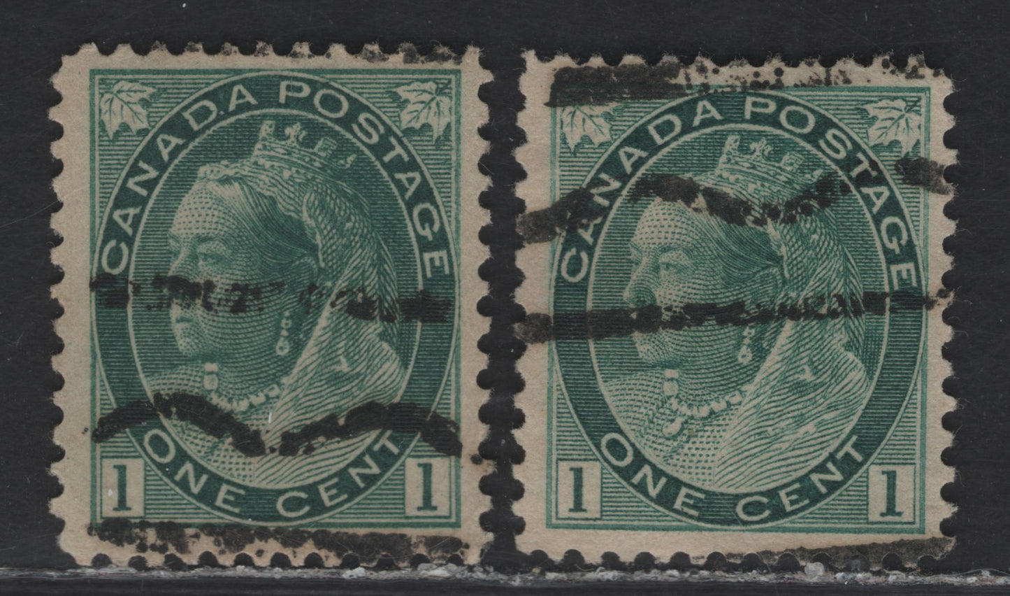Lot 314 Canada #75iixx 1c Blue Green Queen  Victoria, 1898-1902 Maple Leaf Issue, 2 Very Fine Used Precancelled Singles, Unlisted 'R' & Unknown Style Precancels