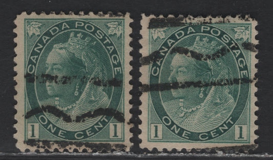 Lot 314 Canada #75iixx 1c Blue Green Queen  Victoria, 1898-1902 Maple Leaf Issue, 2 Very Fine Used Precancelled Singles, Unlisted 'R' & Unknown Style Precancels