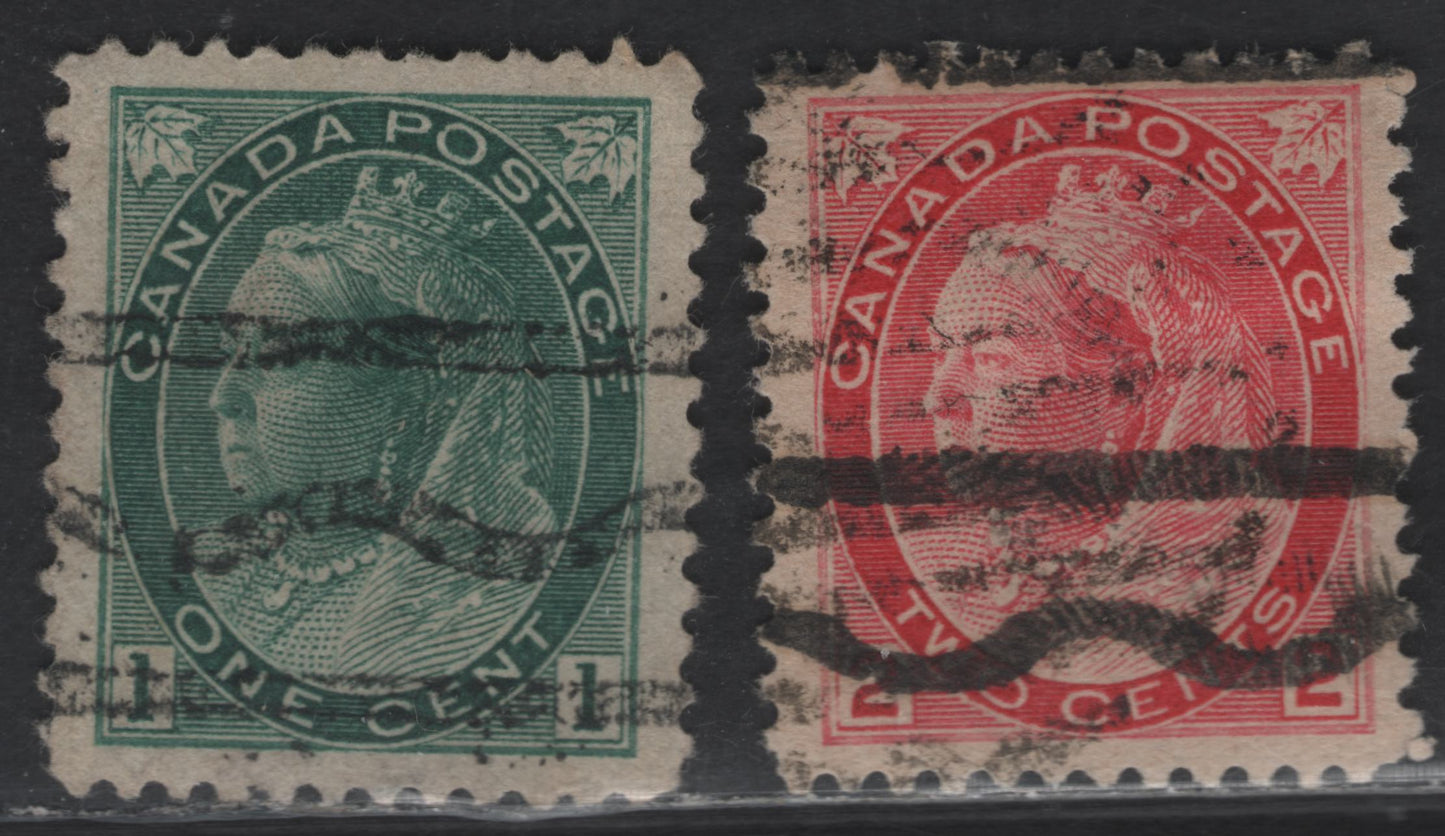 Lot 315 Canada #75iixx, 77xx 1c - 2c Blue Green - Carmine Rose Queen  Victoria, 1898-1902 Maple Leaf Issue, 2 Very Fine Used Singles, Die 1 With Style 'U' precancels, 12mm Between Valleys & 12.5mm between The Outer Edge Of The Bars