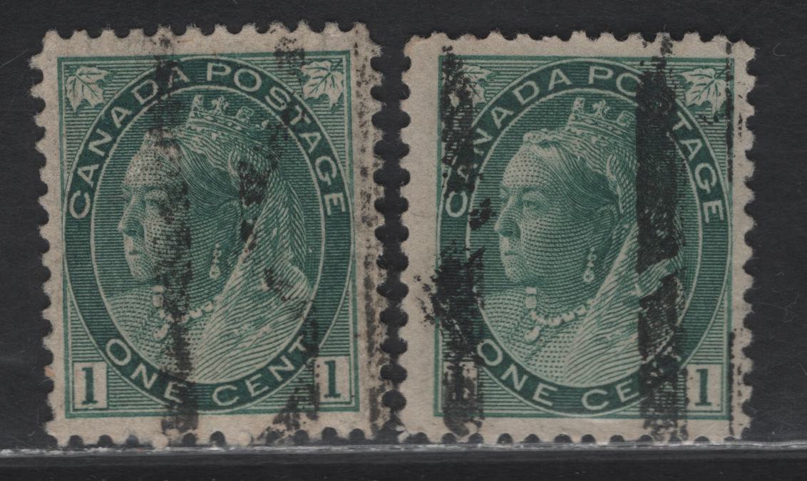 Lot 316 Canada #75ii 1c Blue Green Queen  Victoria, 1898-1902 Maple Leaf Issue, 2 Very Fine Used Singles, Vertical Style 4  & Possible Double Vertical Precancels