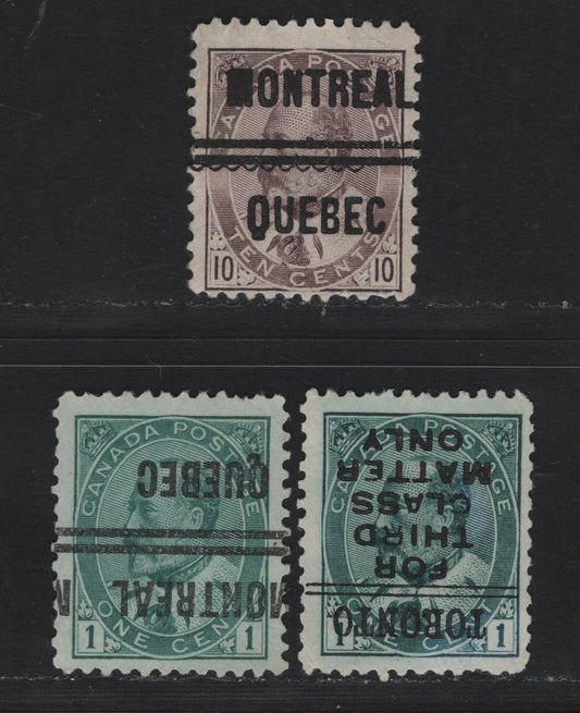 Lot 322 Canada #89iiixx, 93xx 1c - 10c Bluish Green - Brown Violet King Edward VII, 1903-1908 King Edward VII Issue, 3 Fine Used Precancelled Singles, Montreal Style 4 Inverted, Montreal Style 3 & Montreal Style 2