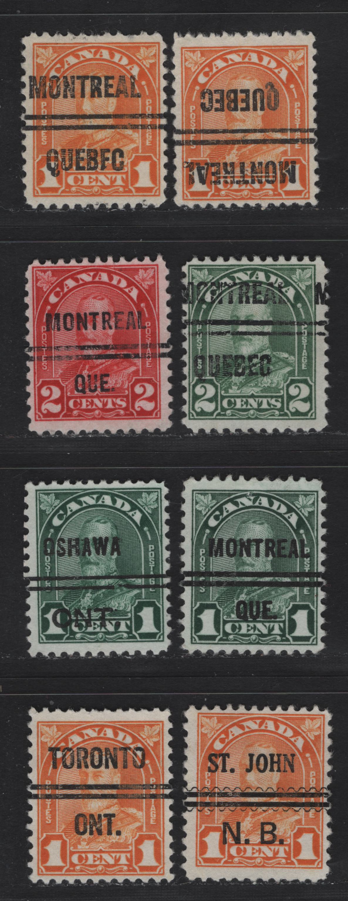 Lot 323 Canada #162xx, 163xx, 164xx, 165xx 1c - 2c Orange - Carmine King George V, 1930-1931 Arch/Leaf Issue, 8 Fine Used Precancelled Singles, Montreal Styles 4 (Upright & Inverted), 7, Oshawa Style 1, St John Style 3 & Toronto Style 11