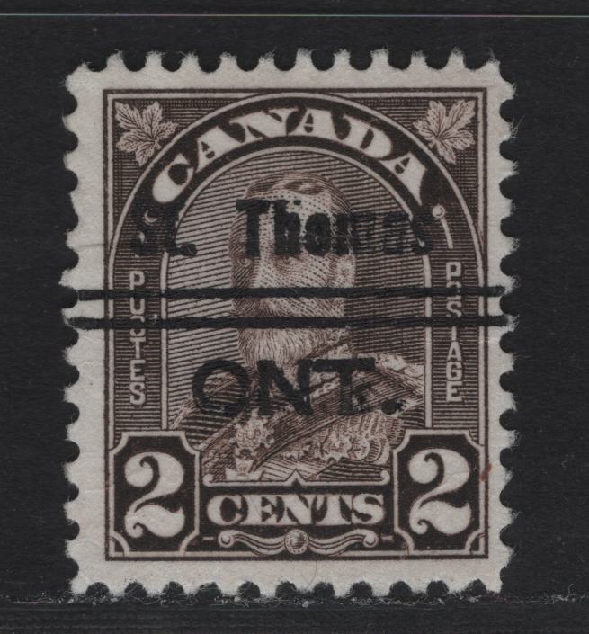 Lot 324 Canada #166xx 2c Black Brown King George V, 1930-1931 Arch/Leaf Issue, A Very Fine Precancelled Single, Die 2, St Thomas Style 1 Precancel