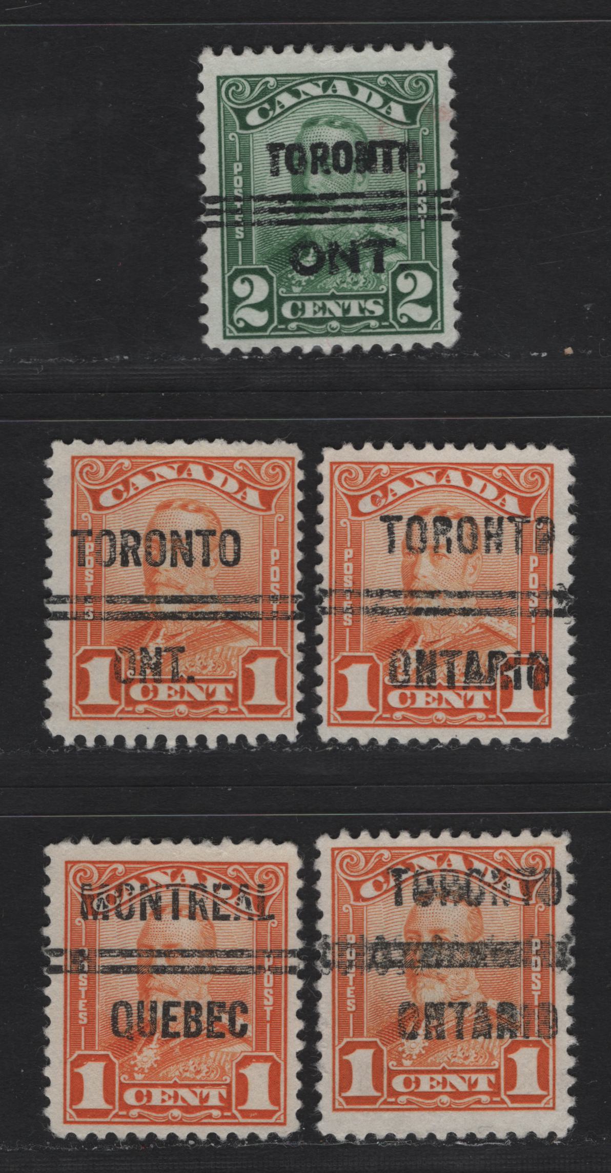 Lot 325 Canada #149xx, 150xx 1c - 2c Orange - Green King George V, 1928-1929 Scroll Issue, 5 Fine Precancelled Singles, Toronto Style 3, 11, 12 & Montreal 6 Precancels