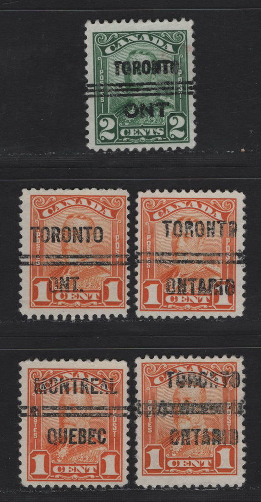 Lot 325 Canada #149xx, 150xx 1c - 2c Orange - Green King George V, 1928-1929 Scroll Issue, 5 Fine Precancelled Singles, Toronto Style 3, 11, 12 & Montreal 6 Precancels