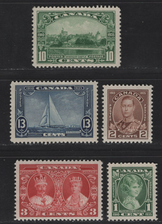 Lot 326 Canada (C) #211-213, 215-216 1c - 13c Green - Dark Blue Princess Elizabeth - Royal Yacht Britannia, 1935 KGV Silver Jubilee Issue, 5 VFNH Singles, Near Complete NH Set, Missing Only The 5c, Unchecked For Paper Types