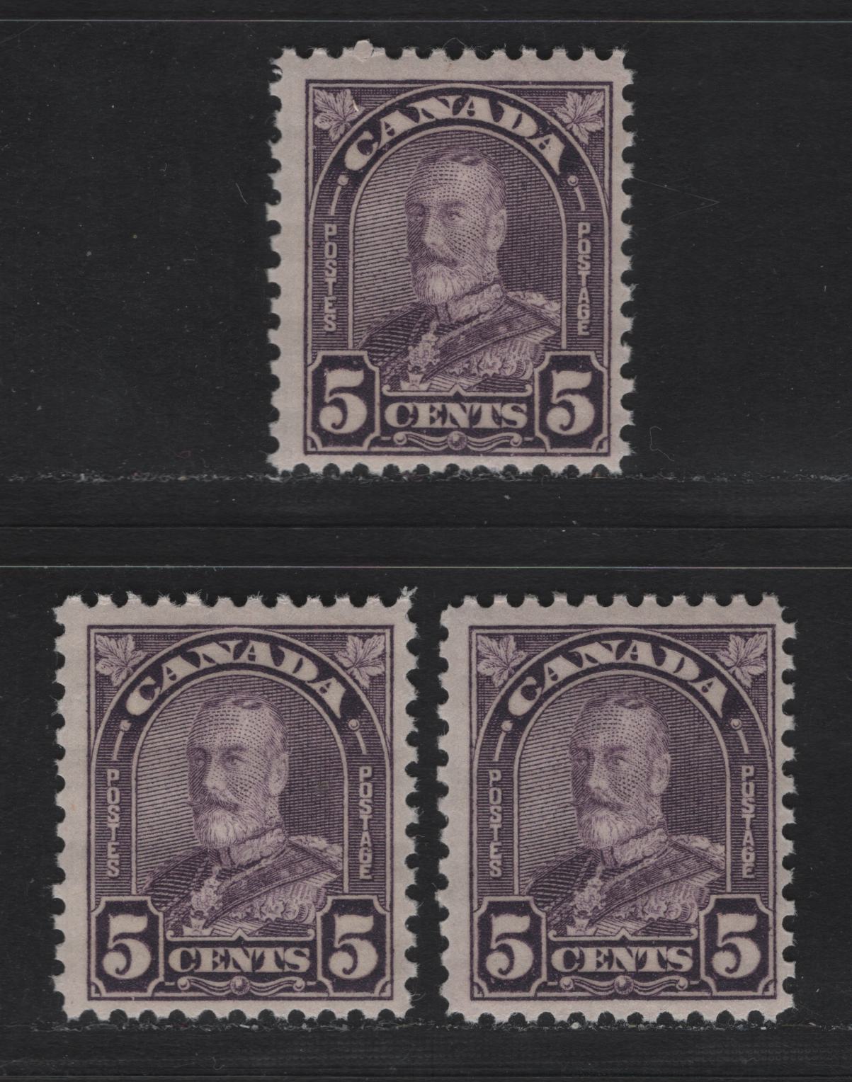 Lot 329 Canada #169 5c Rose Violet King George V, 1930-1931 Arch/Leaf Issue, 3 FNH Singles, Rotary Press, BABN-E Paper, Perfs 11.1x10.9, 11.1x10.75 & 11.15x10.85.